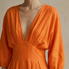Orange Cotton Poplin Deep-V Neck Empire Waist Maxi Dress