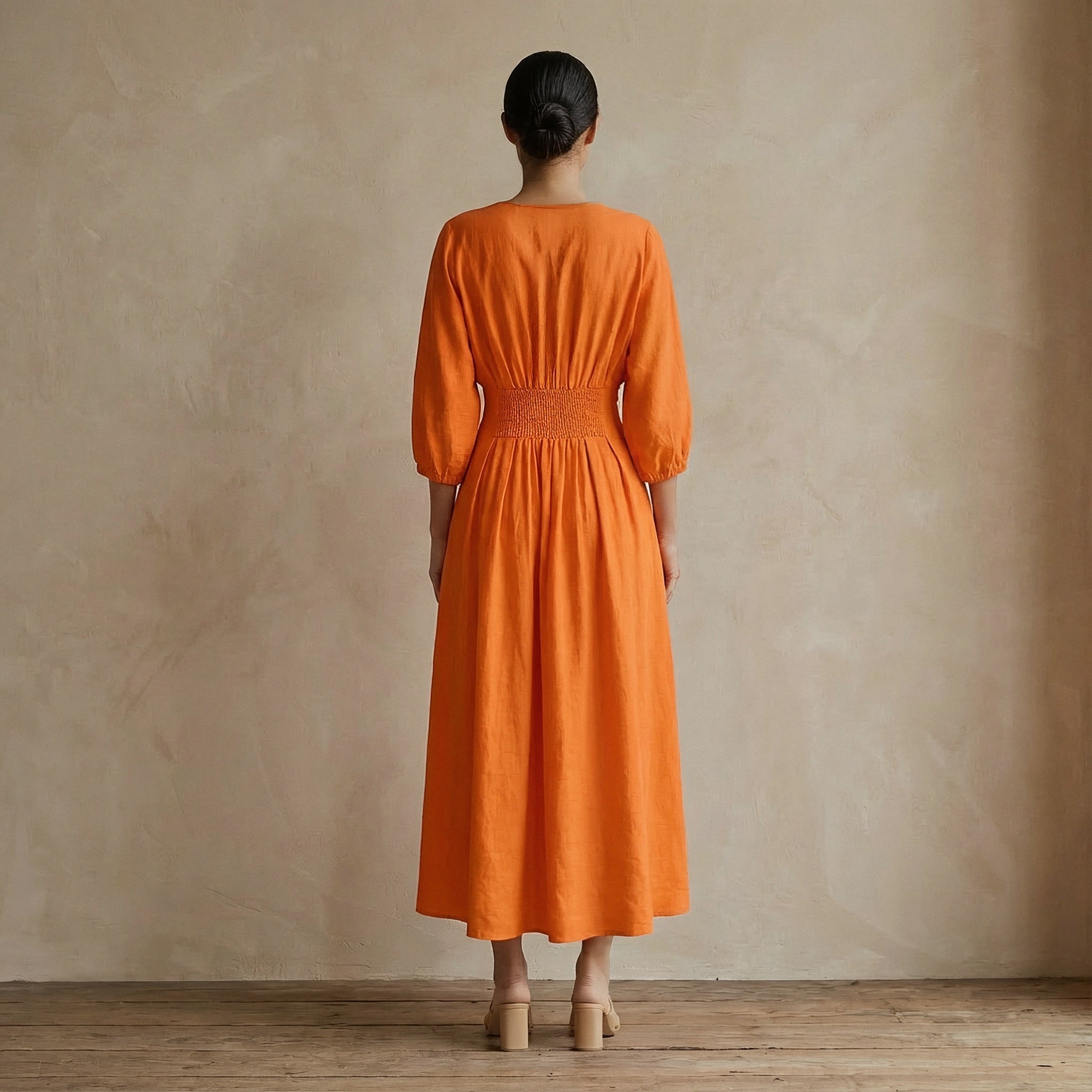 Orange Cotton Poplin Deep-V Neck Empire Waist Maxi Dress