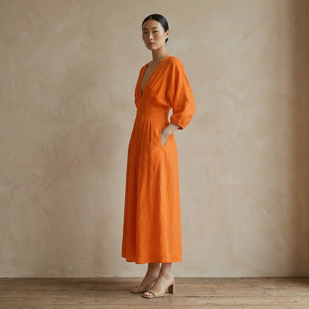 Orange Cotton Poplin Deep-V Neck Empire Waist Maxi Dress