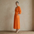 Orange Cotton Poplin Deep-V Neck Empire Waist Maxi Dress