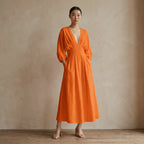 Orange Cotton Poplin Deep-V Neck Empire Waist Maxi Dress