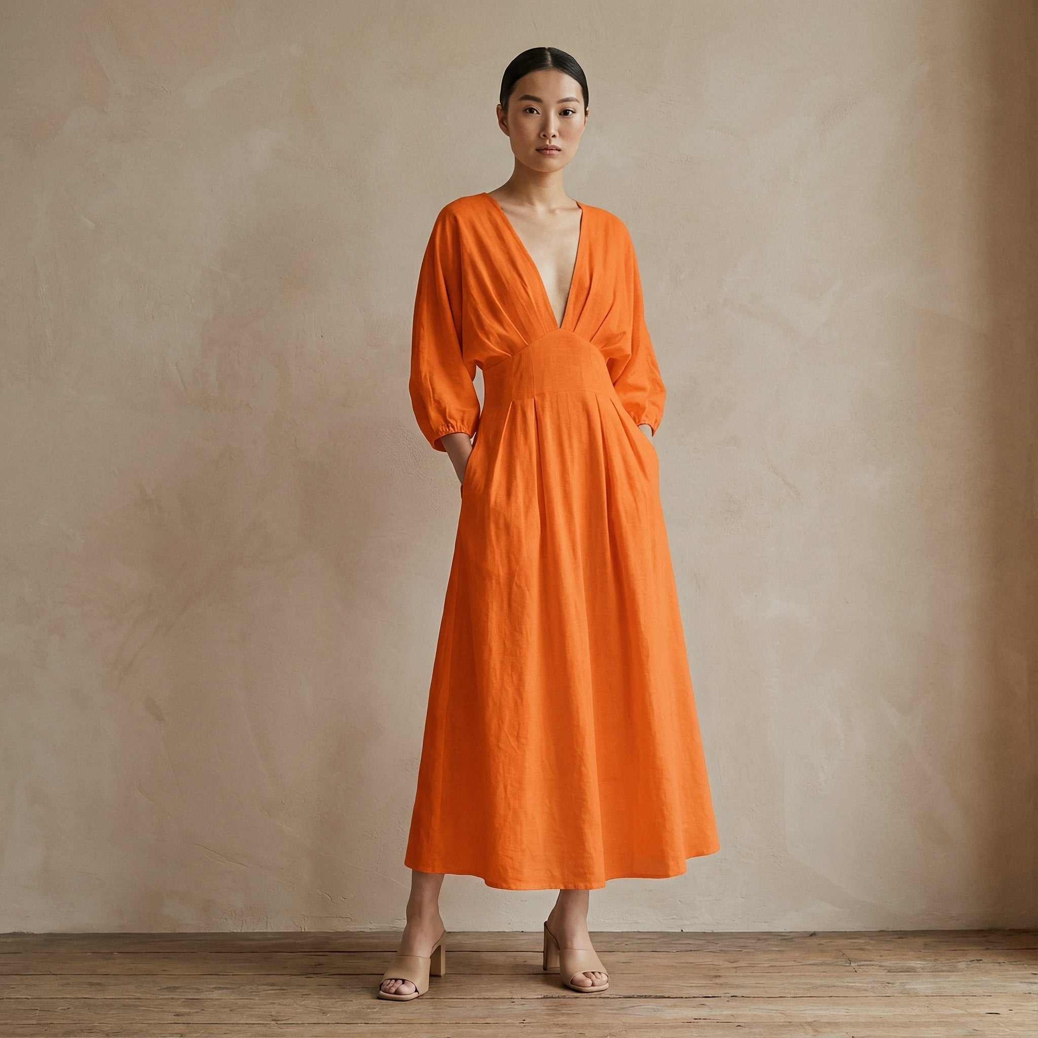 Orange Cotton Poplin Deep-V Neck Empire Waist Maxi Dress