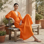 Orange Cotton Poplin Deep-V Neck Empire Waist Maxi Dress