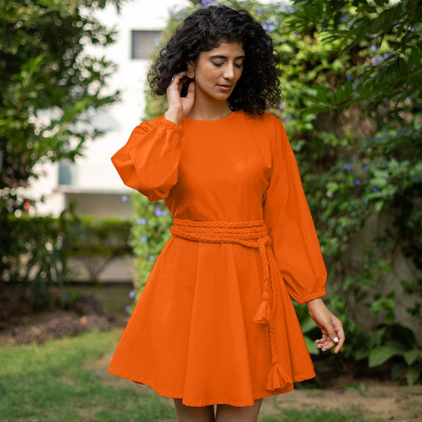 Orange Cotton Poplin Fit and Flare Balloon Sleeves Short Dress