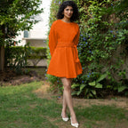 Orange Cotton Poplin Fit and Flare Balloon Sleeves Short Dress