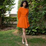 Orange Cotton Poplin Fit and Flare Balloon Sleeves Short Dress