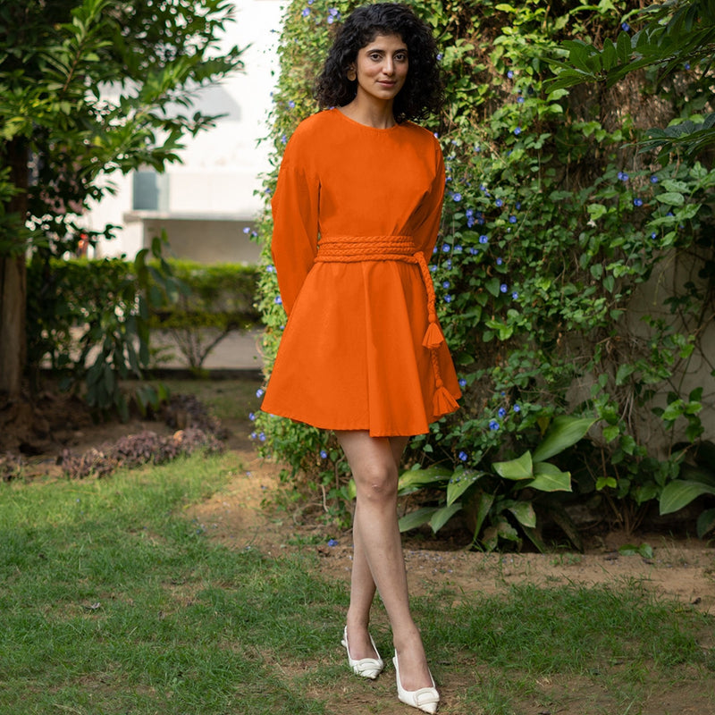 Orange Cotton Poplin Fit and Flare Balloon Sleeves Short Dress