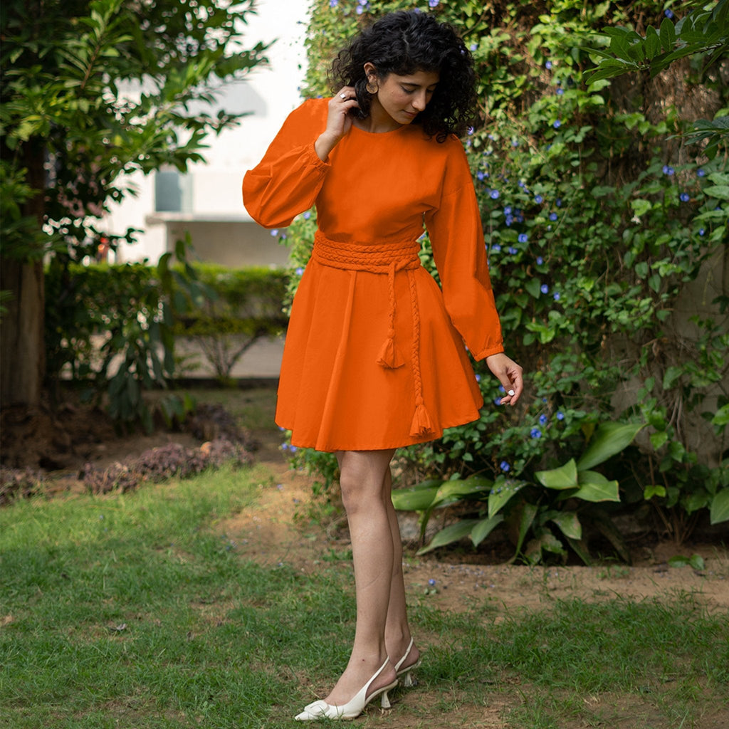 Orange Cotton Poplin Fit and Flare Balloon Sleeves Short Dress
