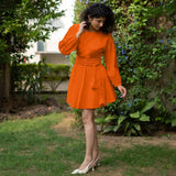 Orange Cotton Poplin Fit and Flare Balloon Sleeves Short Dress
