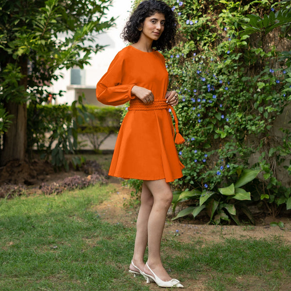 Orange Cotton Poplin Fit and Flare Balloon Sleeves Short Dress