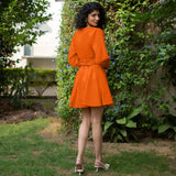 Orange Cotton Poplin Fit and Flare Balloon Sleeves Short Dress