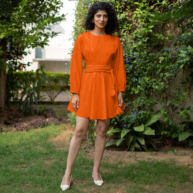 Orange Cotton Poplin Fit and Flare Balloon Sleeves Short Dress