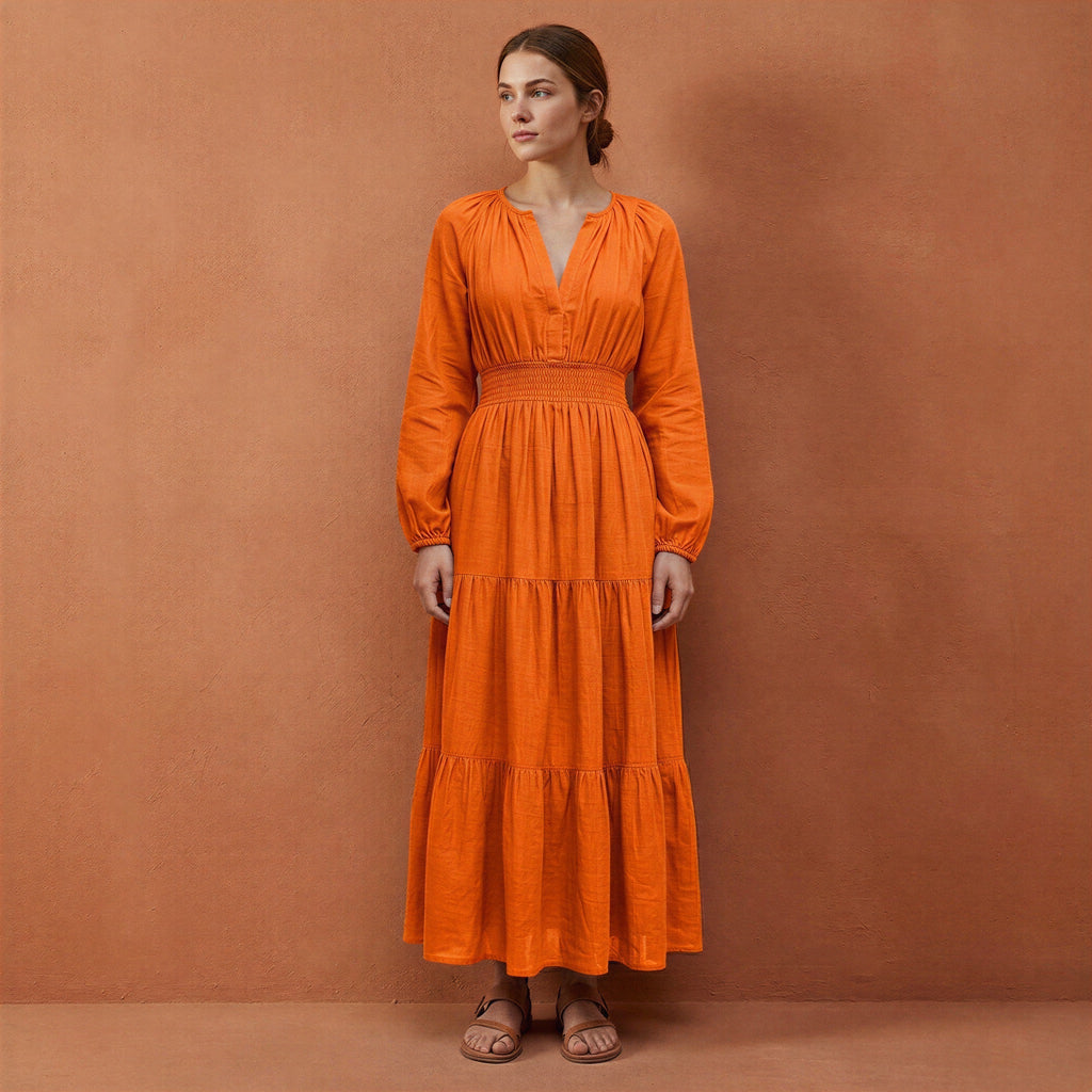 Orange Cotton Poplin Fit and Flare Maxi Tier Dress