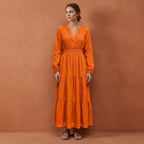 Orange Cotton Poplin Fit and Flare Maxi Tier Dress
