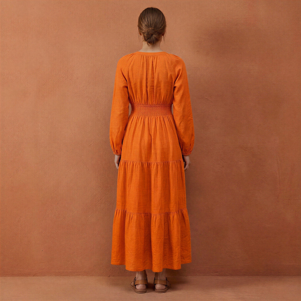 Orange Cotton Poplin Fit and Flare Maxi Tier Dress