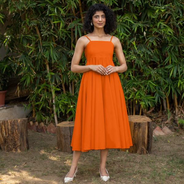 Orange Cotton Poplin Fit and Flare Midi Empire Dress