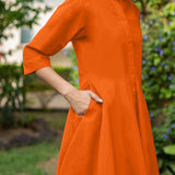 Orange Cotton Poplin Fit and Flare Short Button-Down Shirt Dress