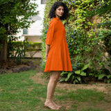 Orange Cotton Poplin Fit and Flare Short Button-Down Shirt Dress