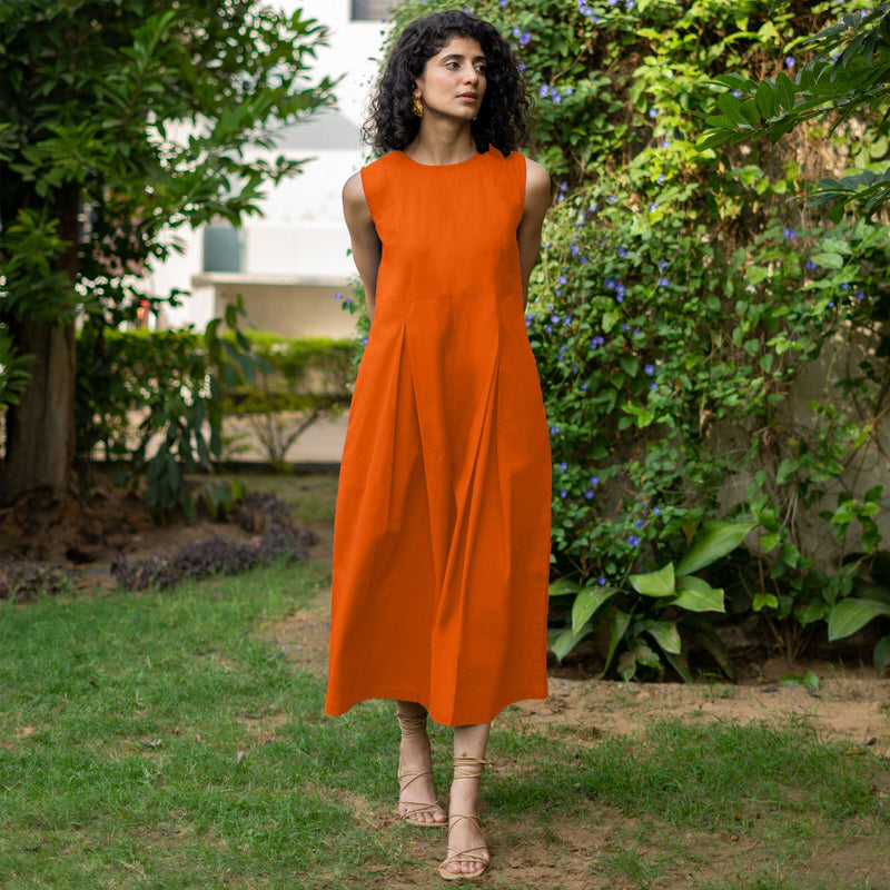 Orange Cotton Poplin Flared Midi Sleeveless Jumpsuit