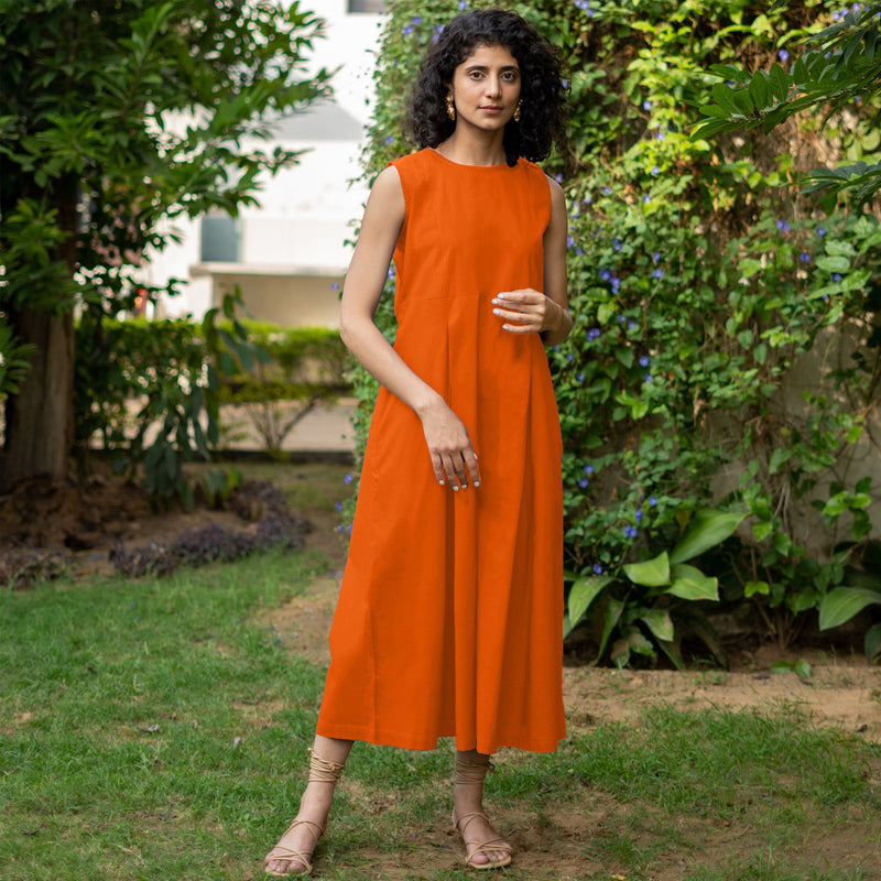 Orange Cotton Poplin Flared Midi Sleeveless Jumpsuit