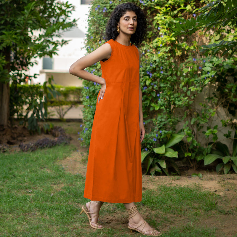 Orange Cotton Poplin Flared Midi Sleeveless Jumpsuit