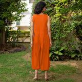 Orange Cotton Poplin Flared Midi Sleeveless Jumpsuit