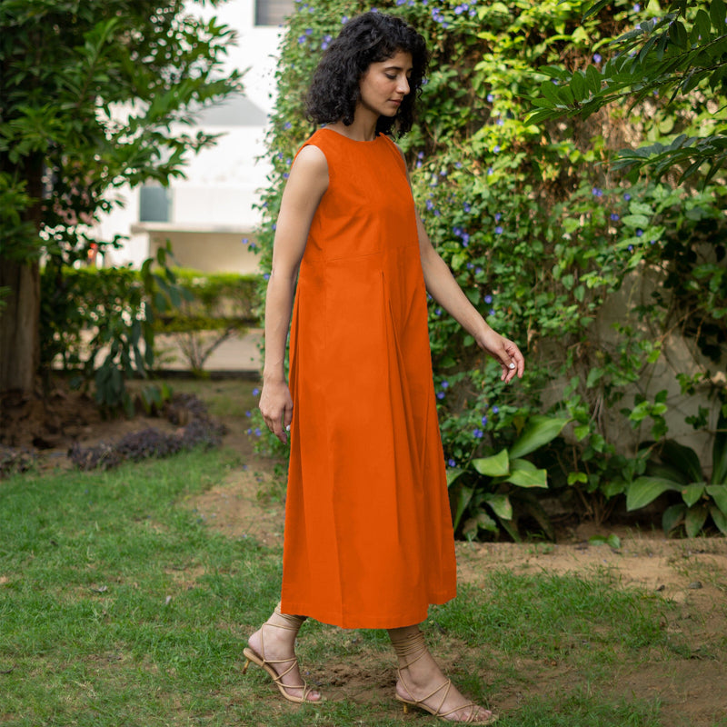 Orange Cotton Poplin Flared Midi Sleeveless Jumpsuit