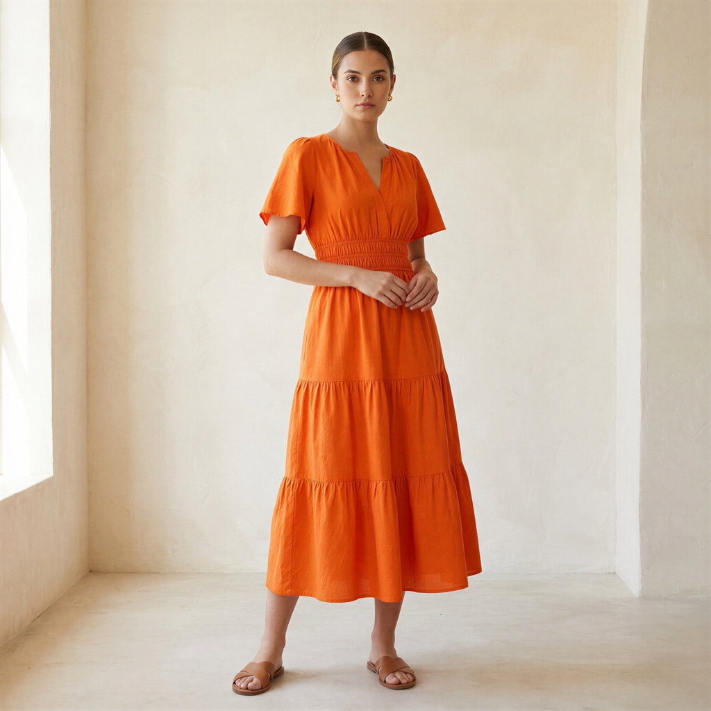 Orange Cotton Poplin Flutter Sleeve Tie-Back Tiered Midi Dress