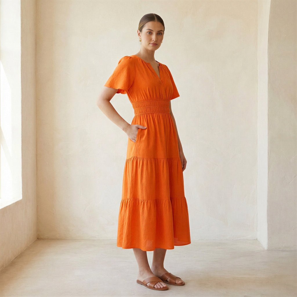 Orange Cotton Poplin Flutter Sleeve Tie-Back Tiered Midi Dress
