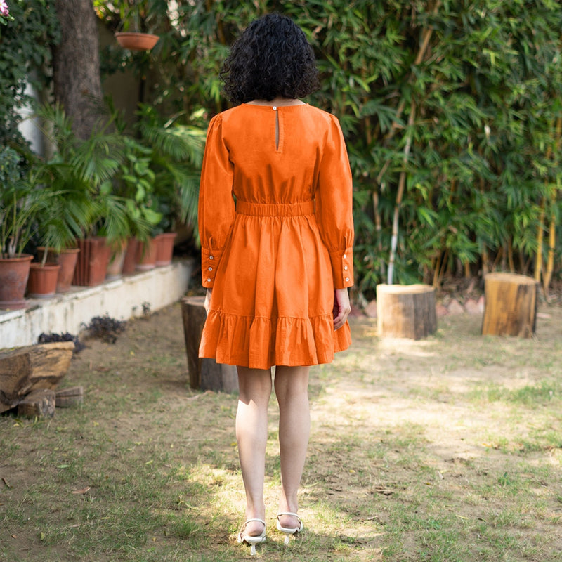 Orange Cotton Poplin Gathered Short Tier Dress