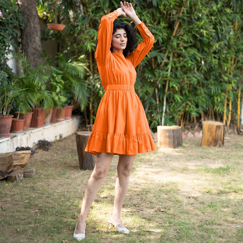 Orange Cotton Poplin Gathered Short Tier Dress