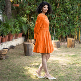 Orange Cotton Poplin Gathered Short Tier Dress