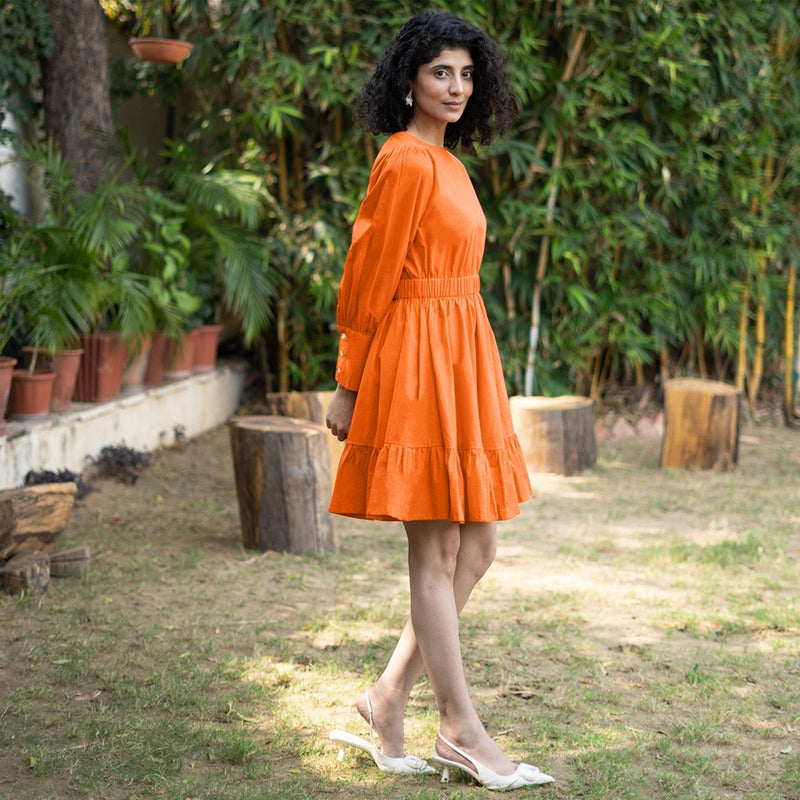 Orange Cotton Poplin Gathered Short Tier Dress