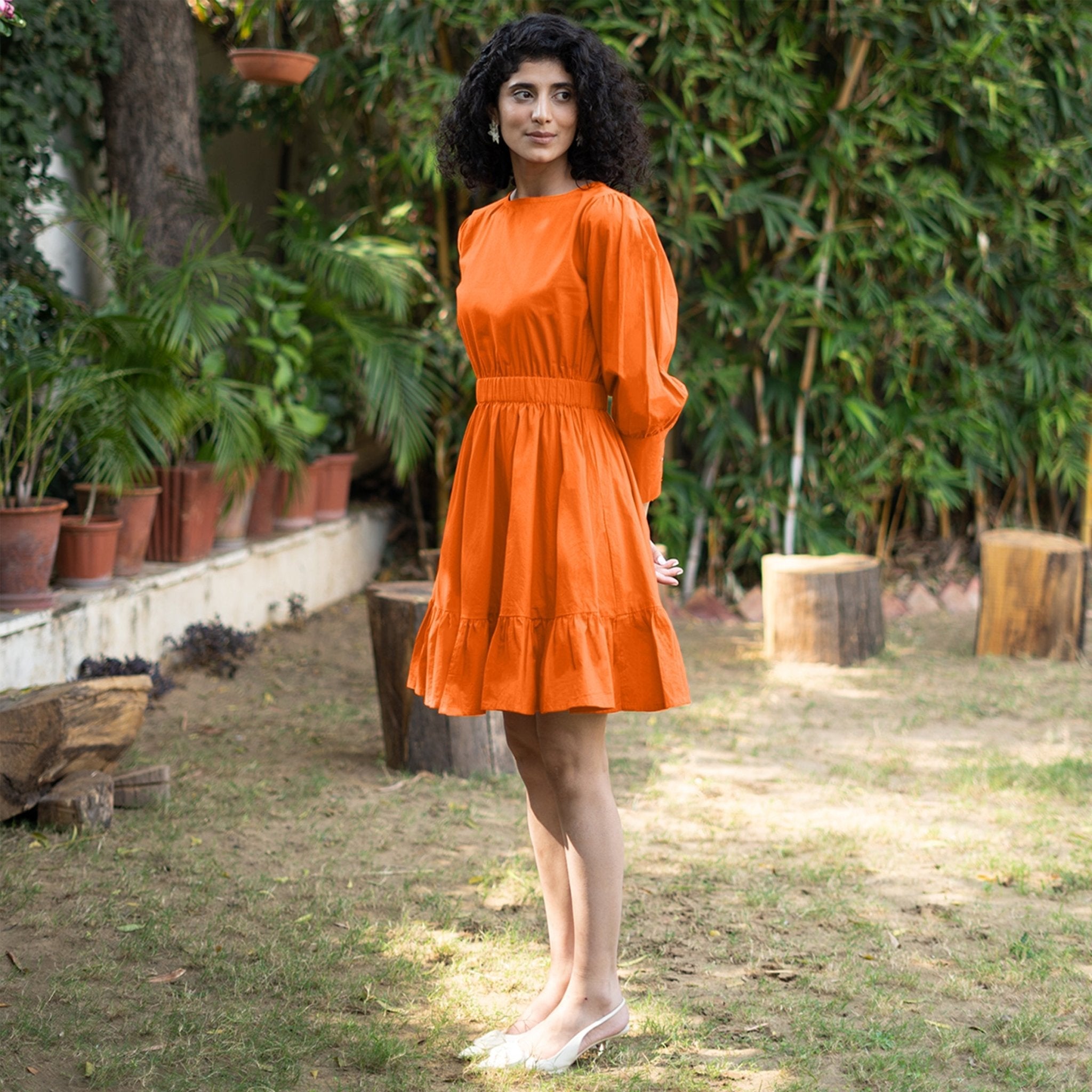 Orange Cotton Poplin Gathered Short Tier Dress