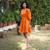 Orange Cotton Poplin Gathered Short Tier Dress