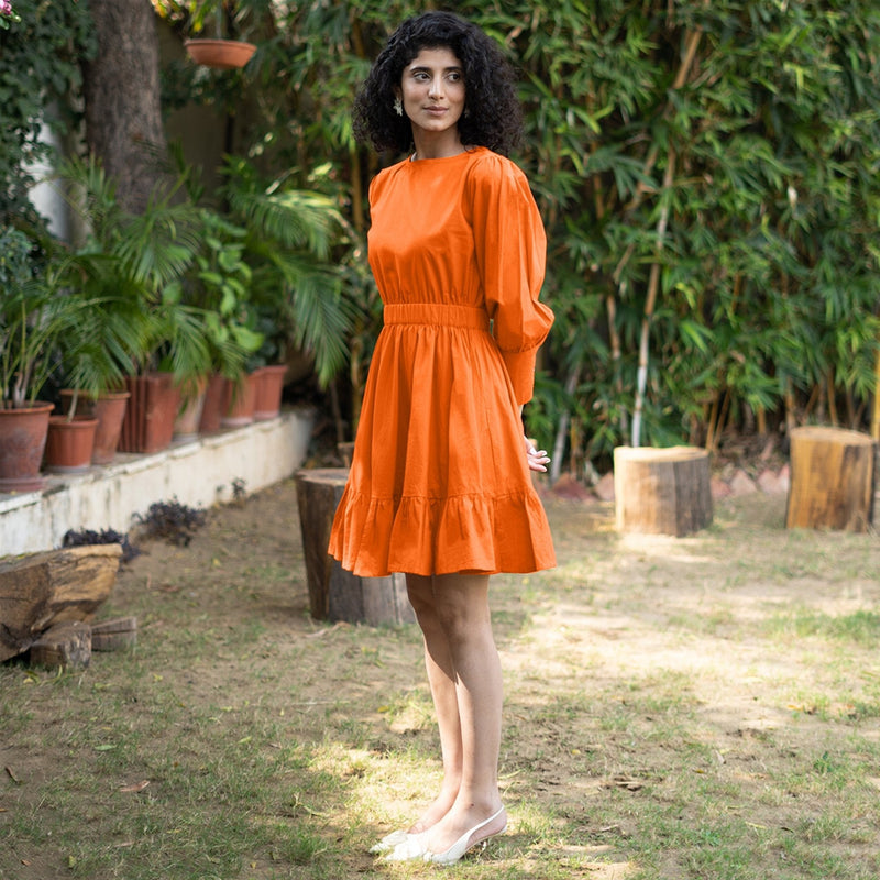 Orange Cotton Poplin Gathered Short Tier Dress