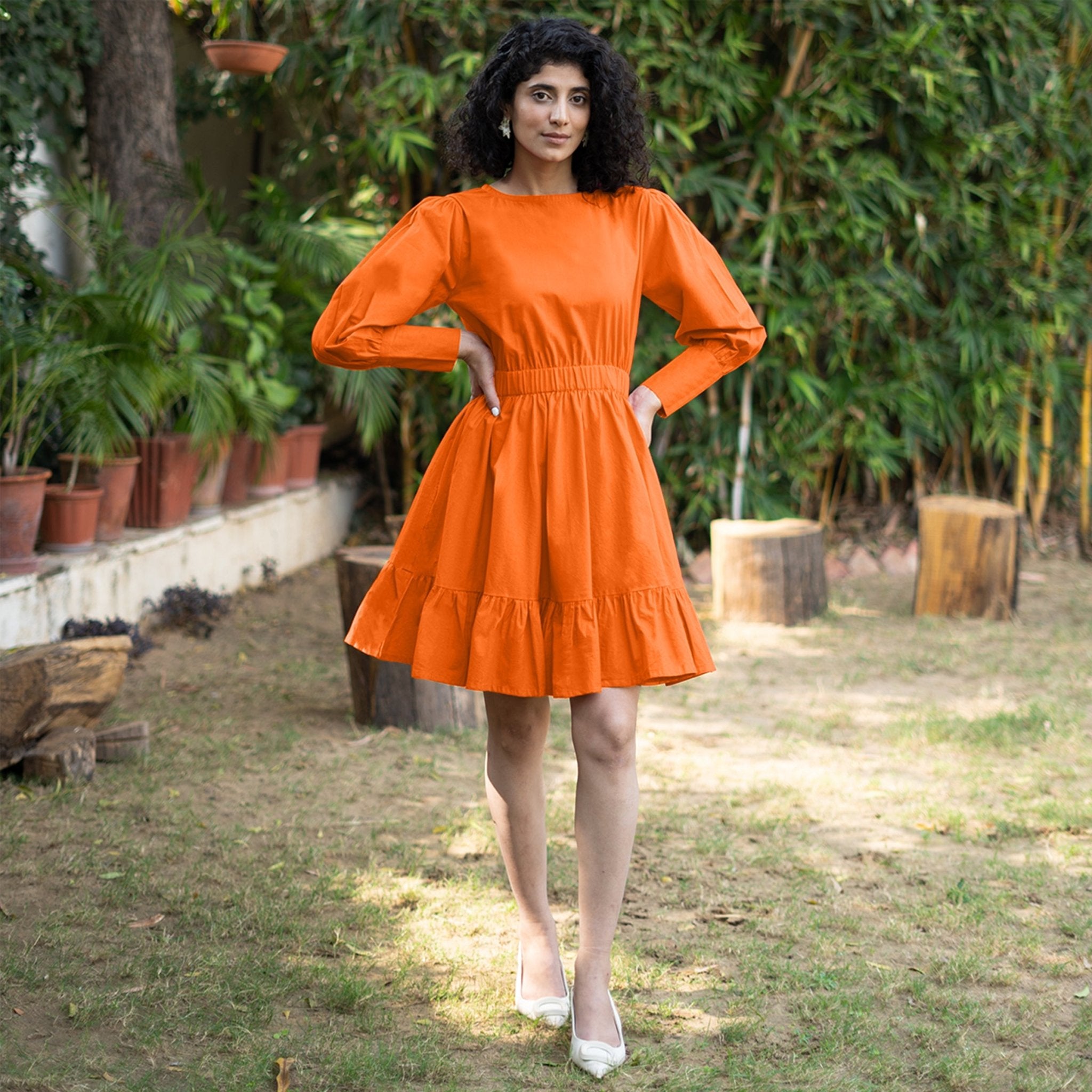 Orange Cotton Poplin Gathered Short Tier Dress
