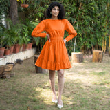 Orange Cotton Poplin Gathered Short Tier Dress