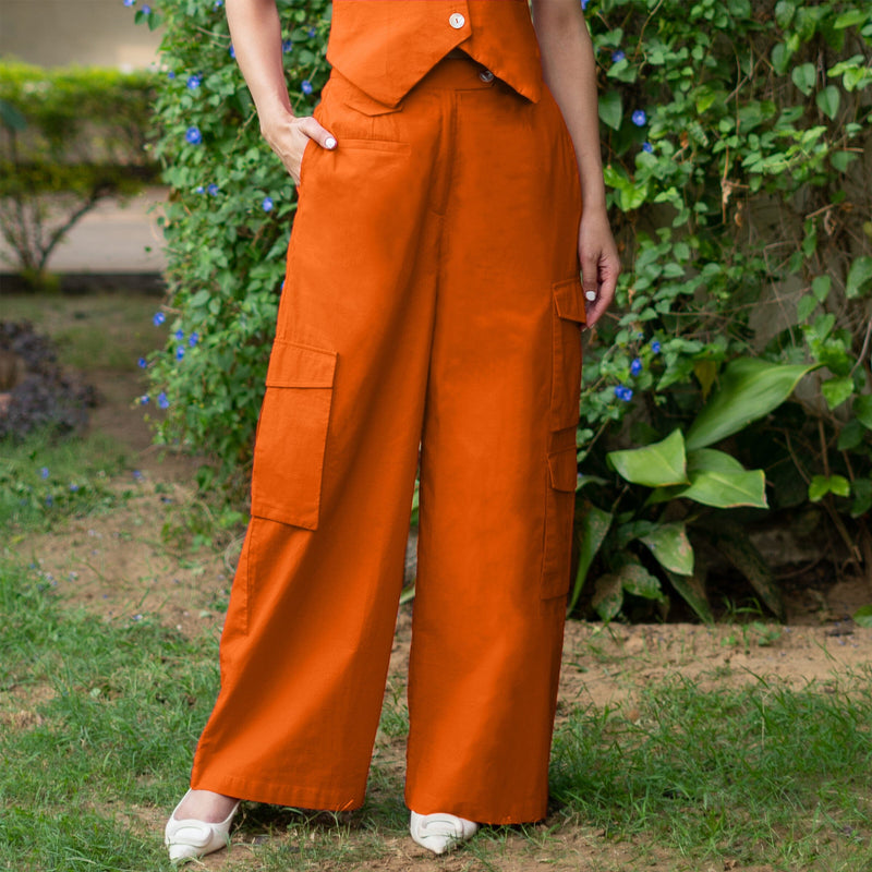 Orange Cotton Poplin High-Rise Elasticated Wide Legged Cargo Pant