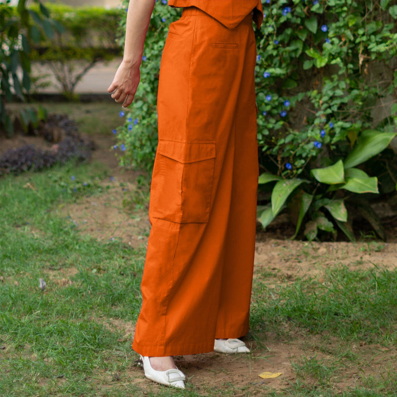 Orange Cotton Poplin High-Rise Elasticated Wide Legged Cargo Pant