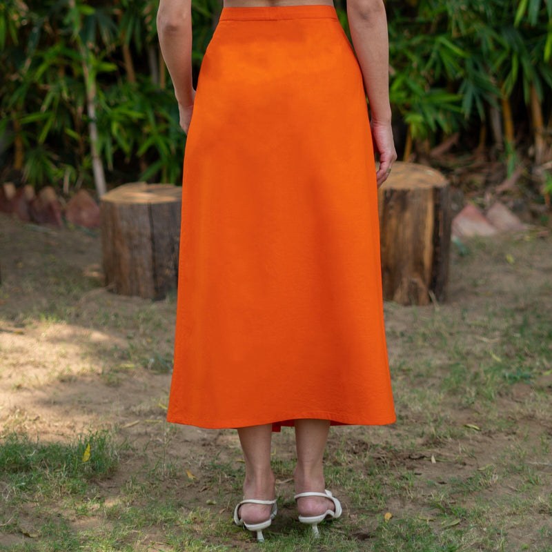 Orange Cotton Poplin High-Rise Midi Wrap Skirt