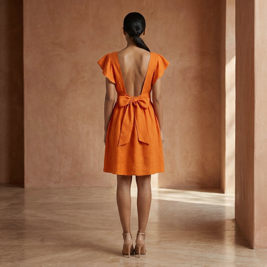 Orange Cotton Poplin Open-Back Fit and Flare Knee Length Dress