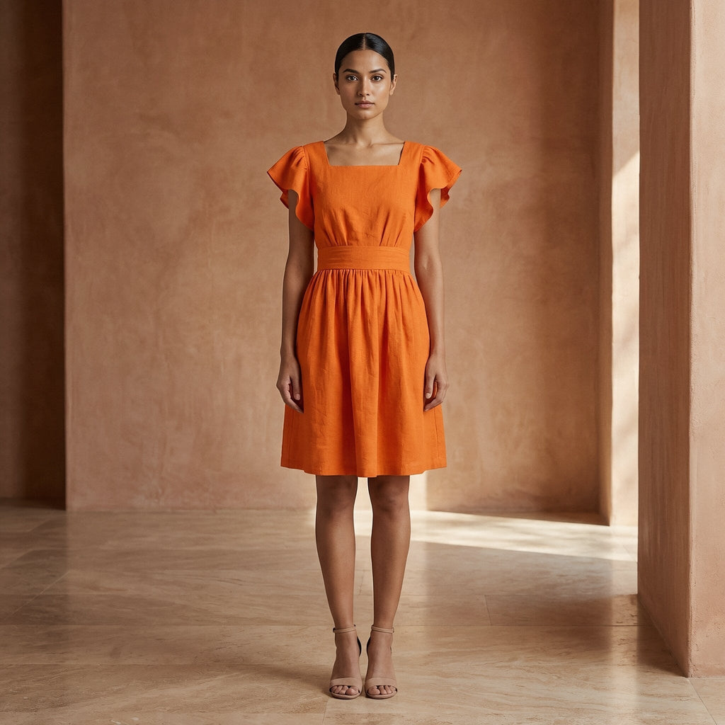 Orange Cotton Poplin Open-Back Fit and Flare Knee Length Dress