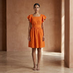 Orange Cotton Poplin Open-Back Fit and Flare Knee Length Dress