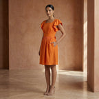 Orange Cotton Poplin Open-Back Fit and Flare Knee Length Dress