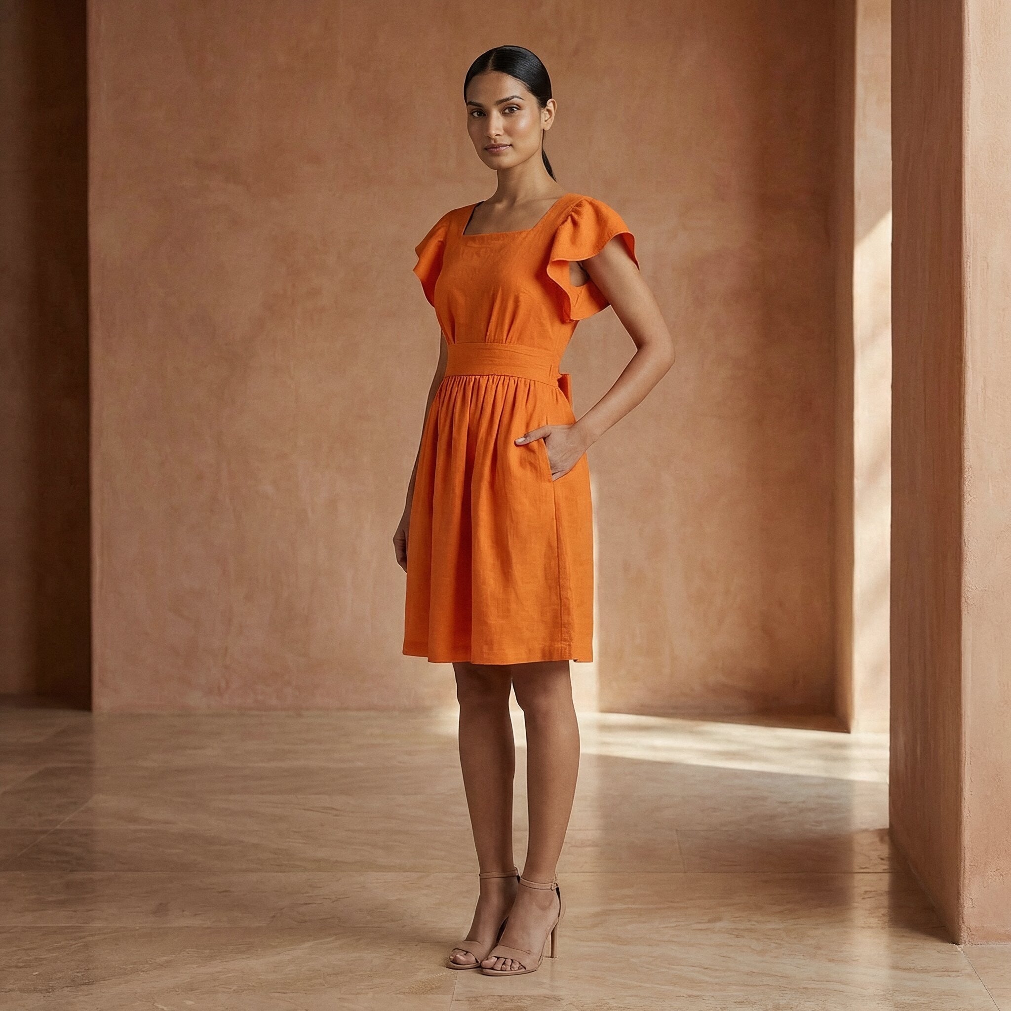 Orange Cotton Poplin Open-Back Fit and Flare Knee Length Dress