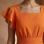 Orange Cotton Poplin Open-Back Fit and Flare Knee Length Dress