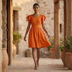 Orange Cotton Poplin Open-Back Fit and Flare Knee Length Dress