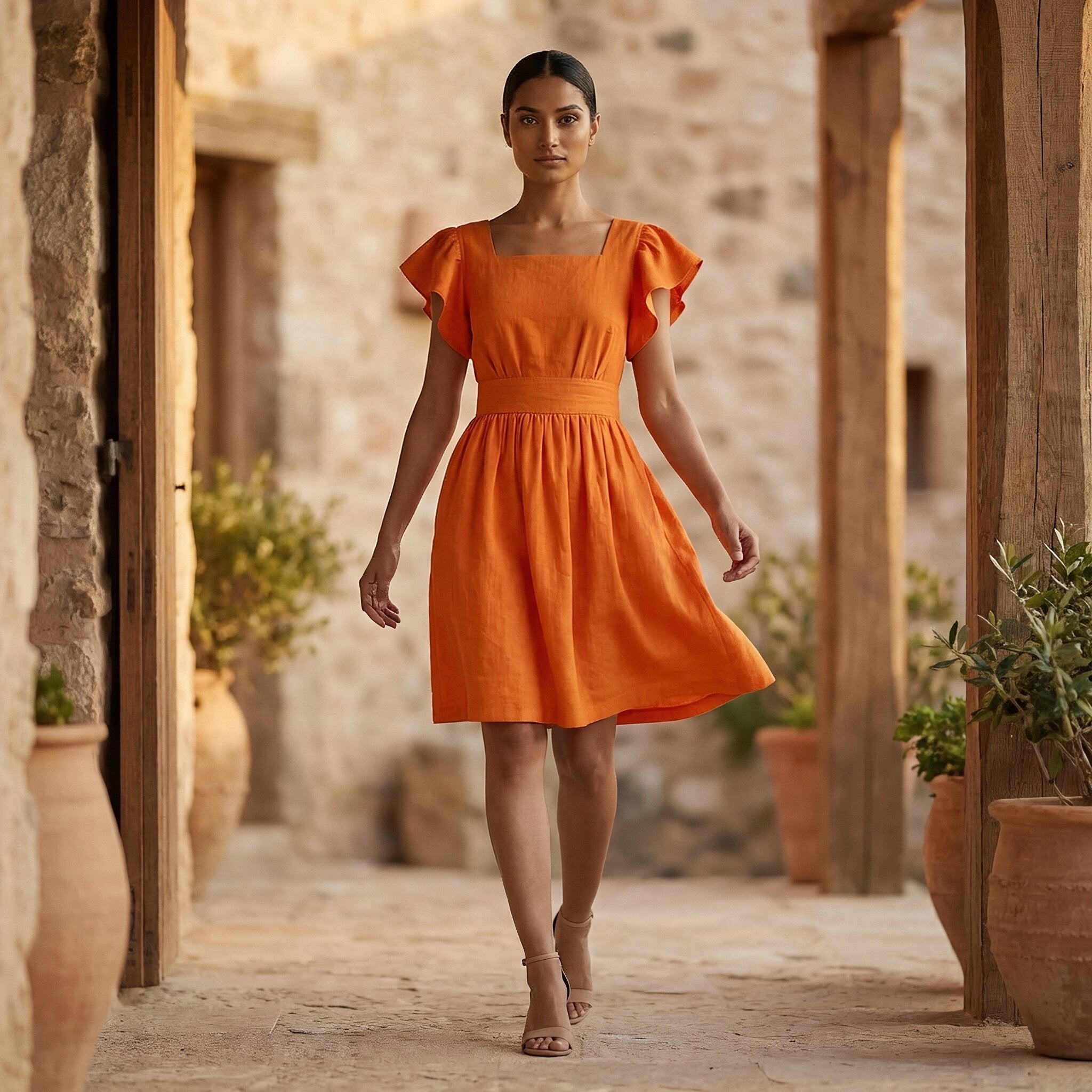 Orange Cotton Poplin Open-Back Fit and Flare Knee Length Dress