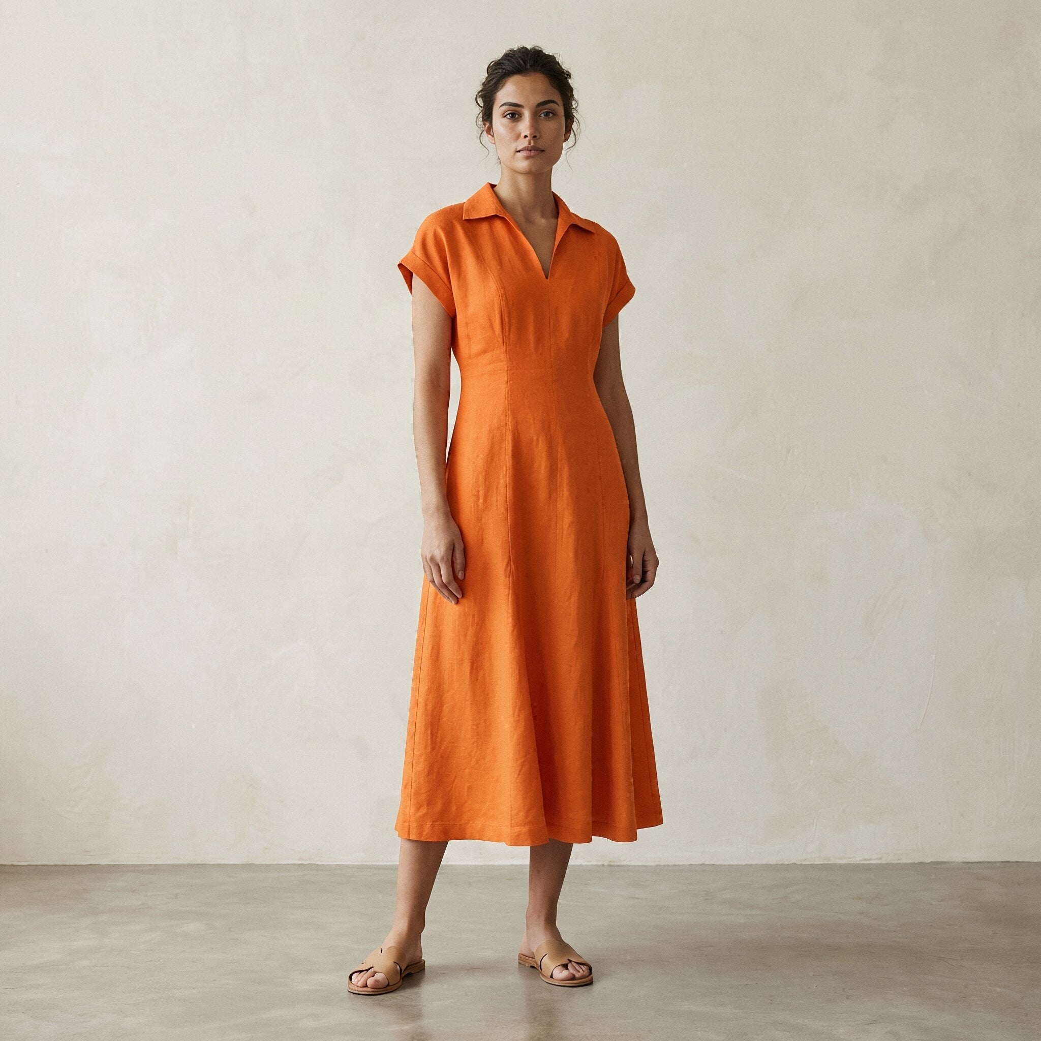 Orange Cotton Poplin Paneled A-Line Midi Dress